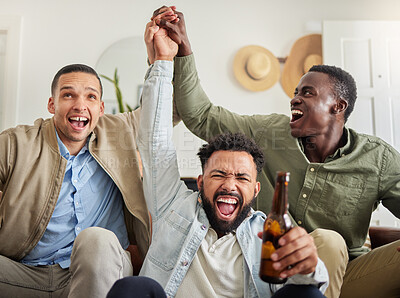 Buy stock photo Shot of three male friends looking cheerful while drinking beers and sitting together