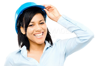 Buy stock photo Business, portrait and woman with helmet, construction and employee isolated on white studio background. Face, person and model with safety, protection and maintenance with hard hat and architecture