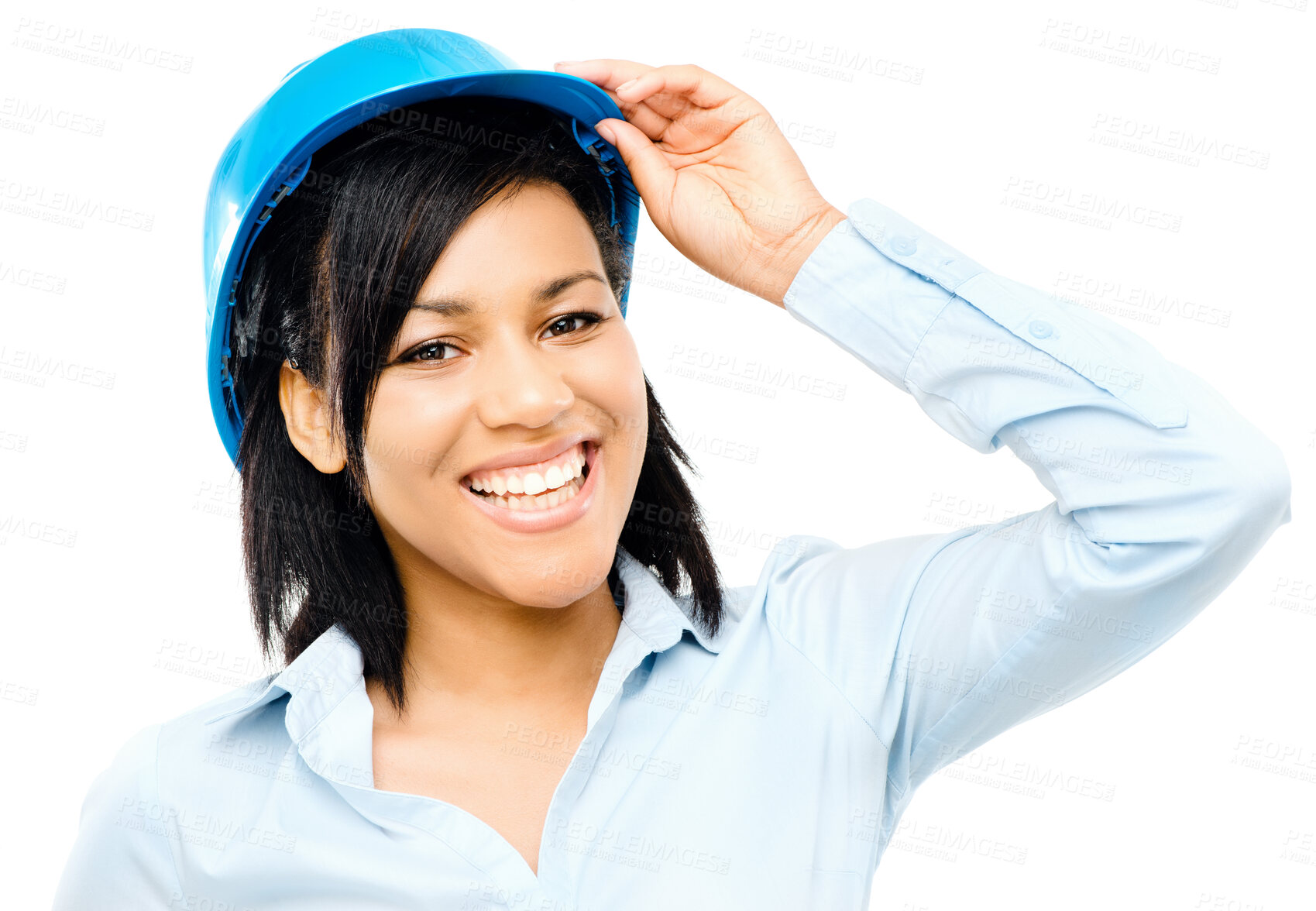 Buy stock photo Business, portrait and woman with helmet, construction and employee isolated on white studio background. Face, person and model with safety, protection and maintenance with hard hat and architecture