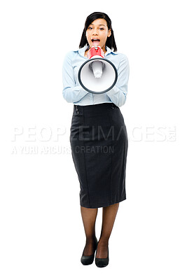 Buy stock photo Portrait, business and woman with megaphone in studio for announcement, broadcast news or corporate protest. Female person, scream and loud noise for speech, politics or attention on white background