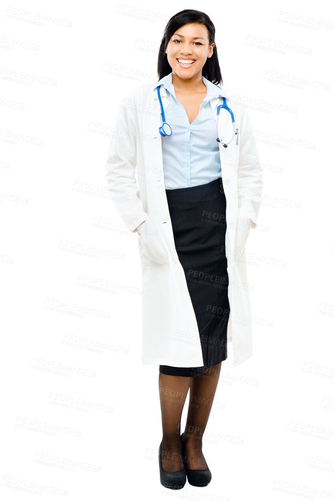 Buy stock photo Happy, doctor and portrait of woman in studio for medical career, medical service and cardiology. Hospital worker, healthcare and isolated person with stethoscope for wellness on white background