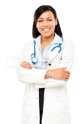 Buy stock photo Woman, doctor and smile in studio with arms crossed on white background with pride for career growth. Female person, smile and confident with stethoscope for healthcare or medical service on portrait