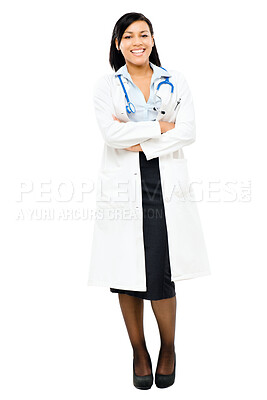 Buy stock photo Woman, doctor and happy in studio with arms crossed on white background with pride for career growth. Female person, smile and confident with stethoscope for healthcare or medical service on portrait