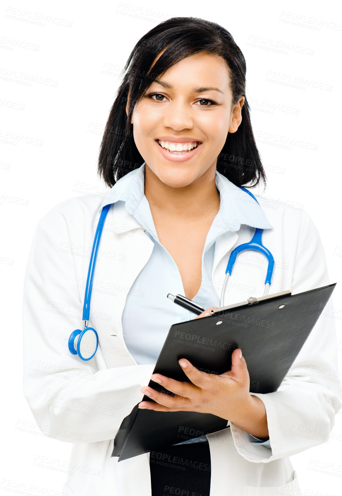 Buy stock photo Woman, doctor and happy in studio with clipboard on white background for patients results and records. Female person, portrait and smile in pride or confidence for healthcare, support or consultation