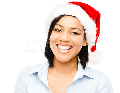 Buy stock photo Christmas, business woman and portrait with excited for festive, winter and holiday on studio backdrop. Female person, cheerful and happy with celebration on white background for season or vacation