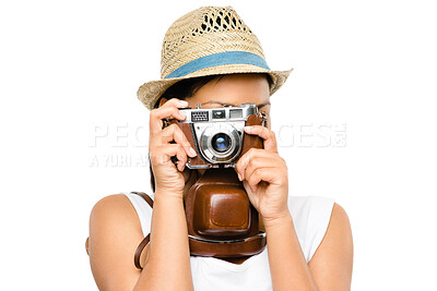 Buy stock photo Studio, woman or photographer with camera in photography for travel photo, adventure or sightseeing. Equipment, capture or tourist on white background for picture of memory, destination or location