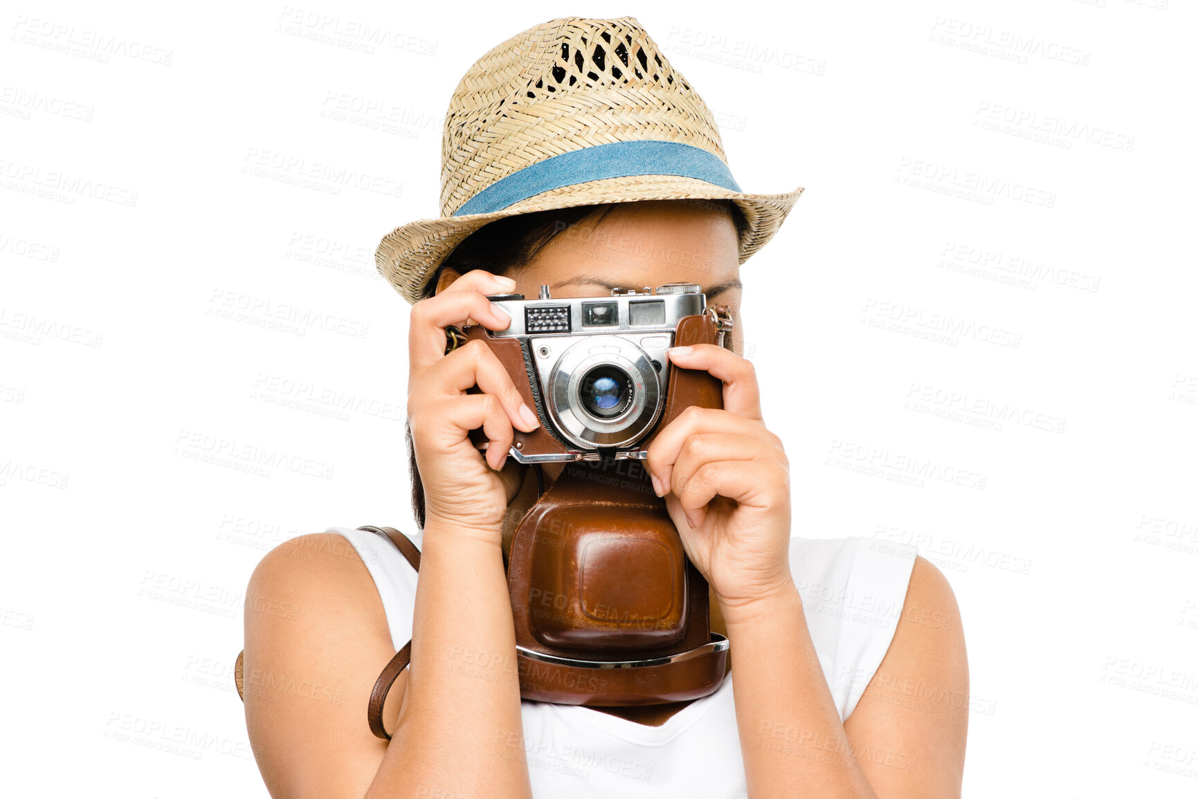 Buy stock photo Studio, woman or photographer with camera in photography for travel photo, adventure or sightseeing. Equipment, capture or tourist on white background for picture of memory, destination or location