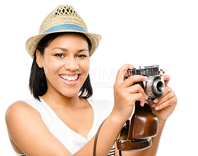 Buy stock photo Studio, happy woman or photographer with camera in portrait or photography for travel or sightseeing. Equipment, capture or tourist on white background for picture of memory, destination or location