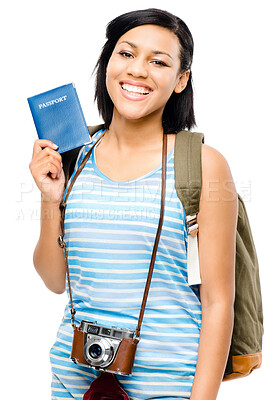 Buy stock photo Woman, studio and happy with passport for traveling on white background with backpack and camera. Female person, portrait and smile with identity document for holiday, adventure and trip as tourist