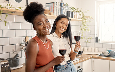 Buy stock photo Shot of two young friends drinking wine together at home