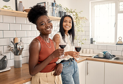 Buy stock photo Shot of two young friends drinking wine together at home