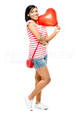 Buy stock photo Portrait, happy and girl with balloon, heart and smile for gift, Valentines day and teenager in mockup. White background, space and person with present for romance, love and fashion in studio