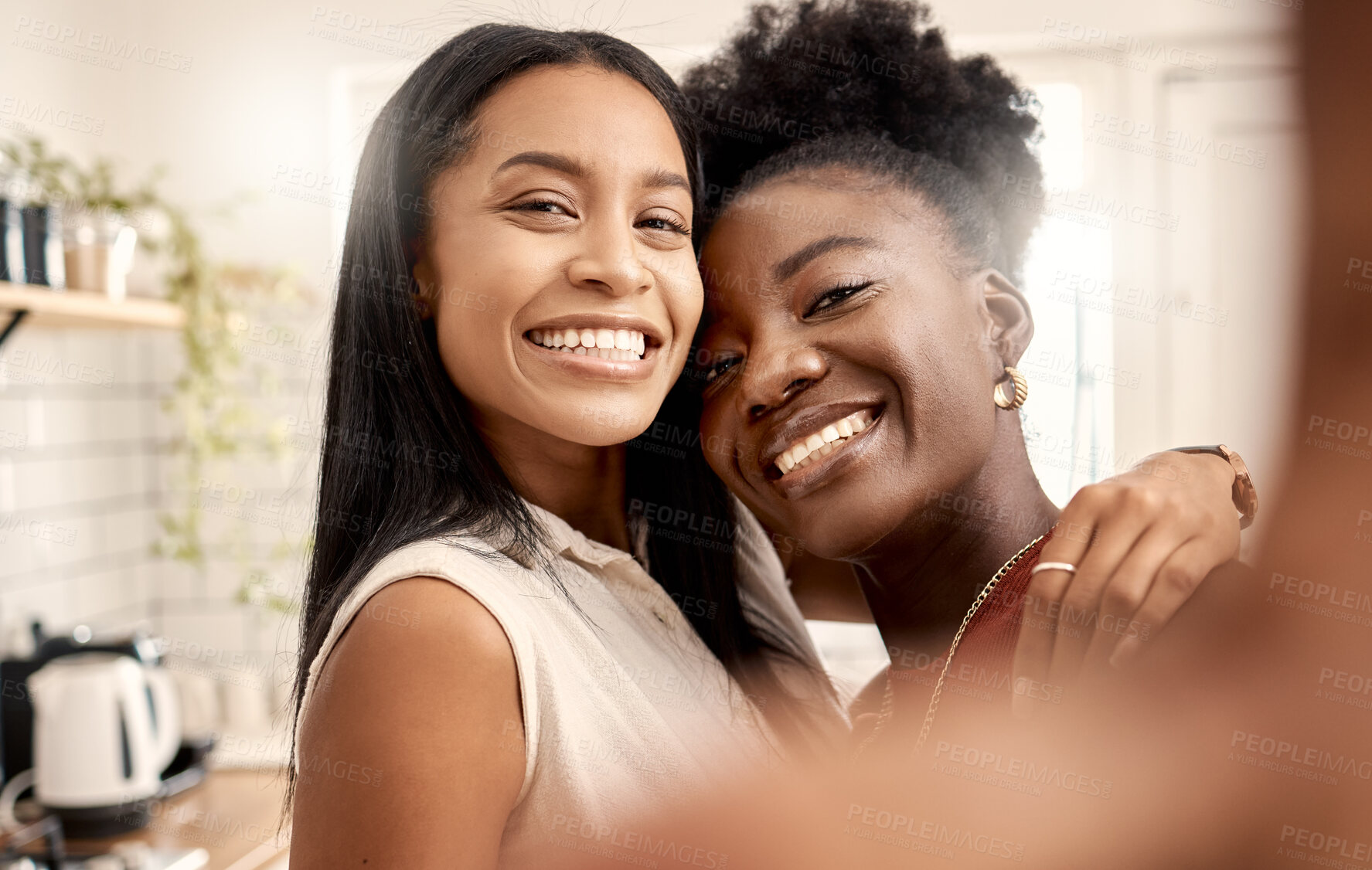 Buy stock photo Selfie, portrait and lesbian couple in kitchen with hug, connection and POV photography. Pride, lgbtq and partner or women together in profile picture for love, memory or happy relationship in home