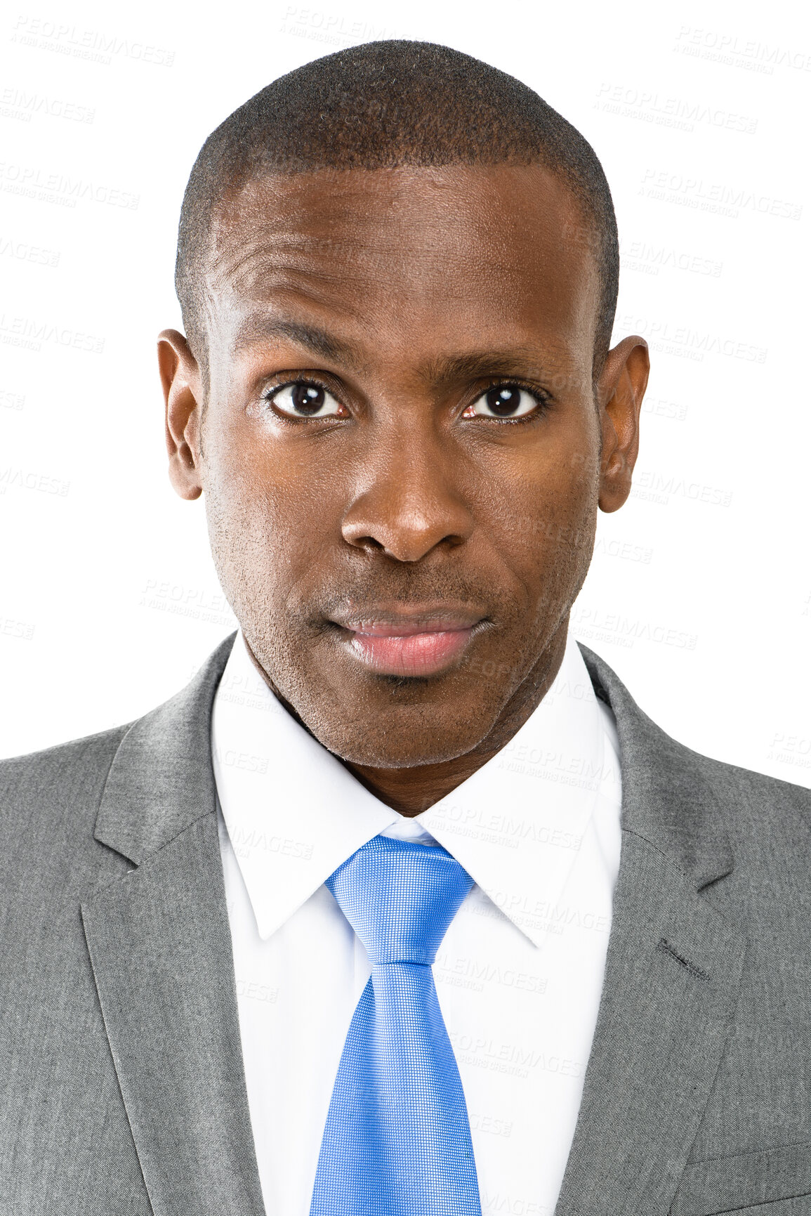 Buy stock photo Portrait, business and corporate black man in studio isolated on white background. Face, African professional and confident entrepreneur, worker or insurance agent in suit with job experience in USA