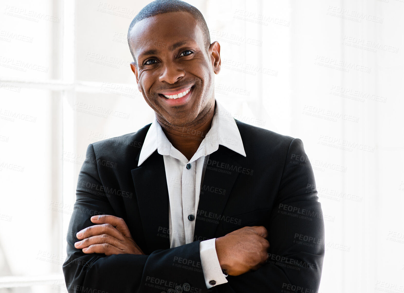 Buy stock photo Portrait, arms crossed or African businessman in office with smile for corporate career or job experience. Face, confident investor or proud professional investment banker in workplace for ambition