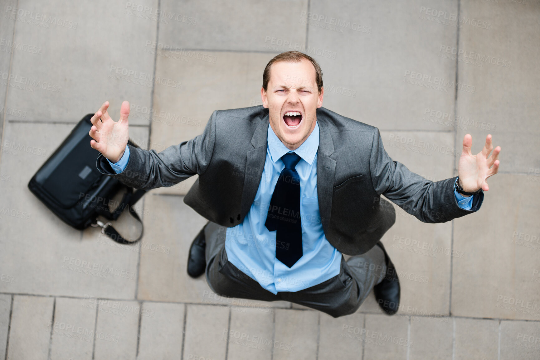 Buy stock photo Angry, sky or frustrated businessman screaming in city with stress, anxiety and job loss problem. Above, fired or unhappy stock trader shouting with depression for market crash or recession in USA