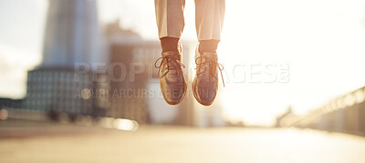 Buy stock photo Shot of a businessman jumping mid air