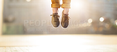 Buy stock photo Child, shoes and ascend in air outside for celebration, success and achievement with lens flare. Young person, feet and legs in closeup outdoor for victory, floating and good news as prize winner