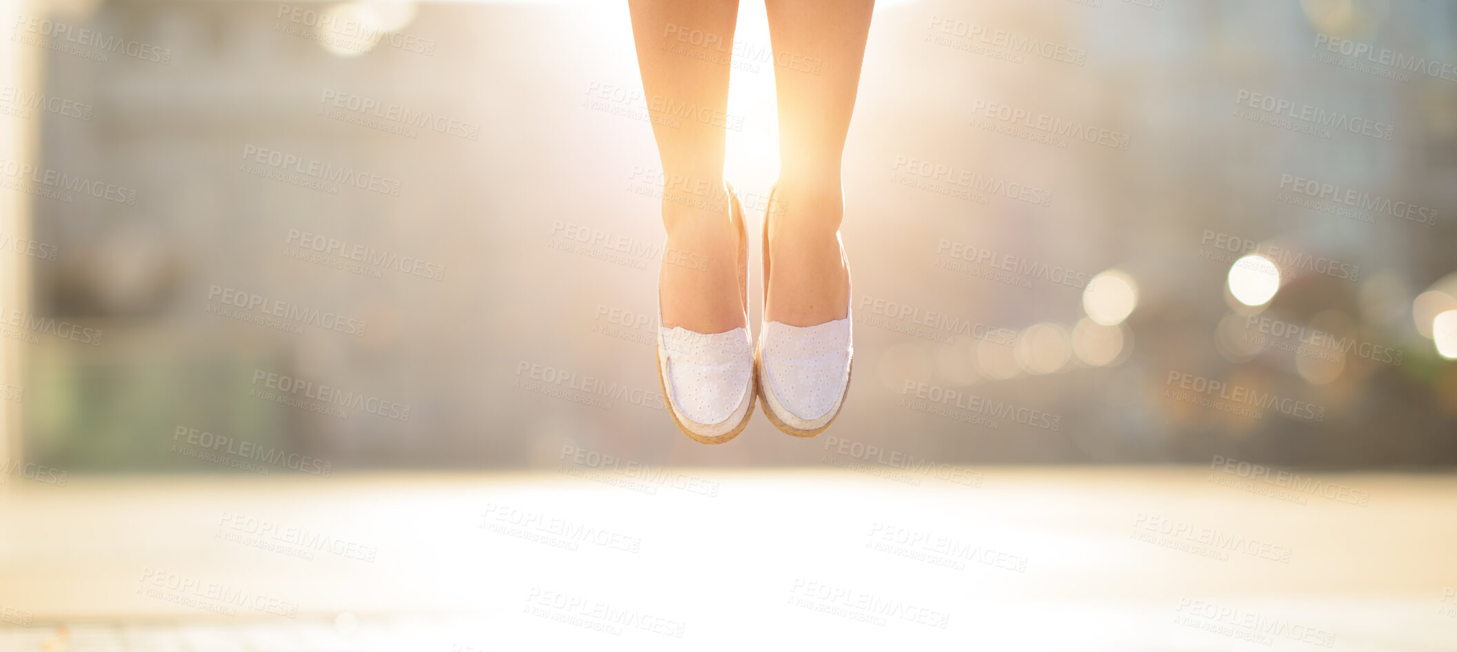 Buy stock photo Legs, person and light for spiritual, floating and ascend to heaven with levitate, holy spirit and rise. Shoes, elevate and salvation outdoor for religion, resurrection and soul lifting to gateway