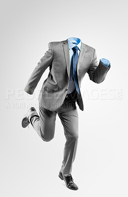 Buy stock photo Invisible business person, suit and studio with running for secret deal, fraud and financial crime by white background. Formal clothes, empty and hidden identity for corporate money laundering