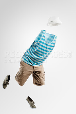 Buy stock photo Invisible, fashion and ghost in studio running with casual outfit, trendy clothes and stylish on white background. Mockup, person and isolated silhouette with accessory, creative style or transparent