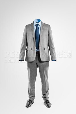 Buy stock photo Invisible, business fashion and person in studio with dress, trendy clothes and outfit on white background. Mockup, empty and isolated male silhouette with suit, professional style and transparent