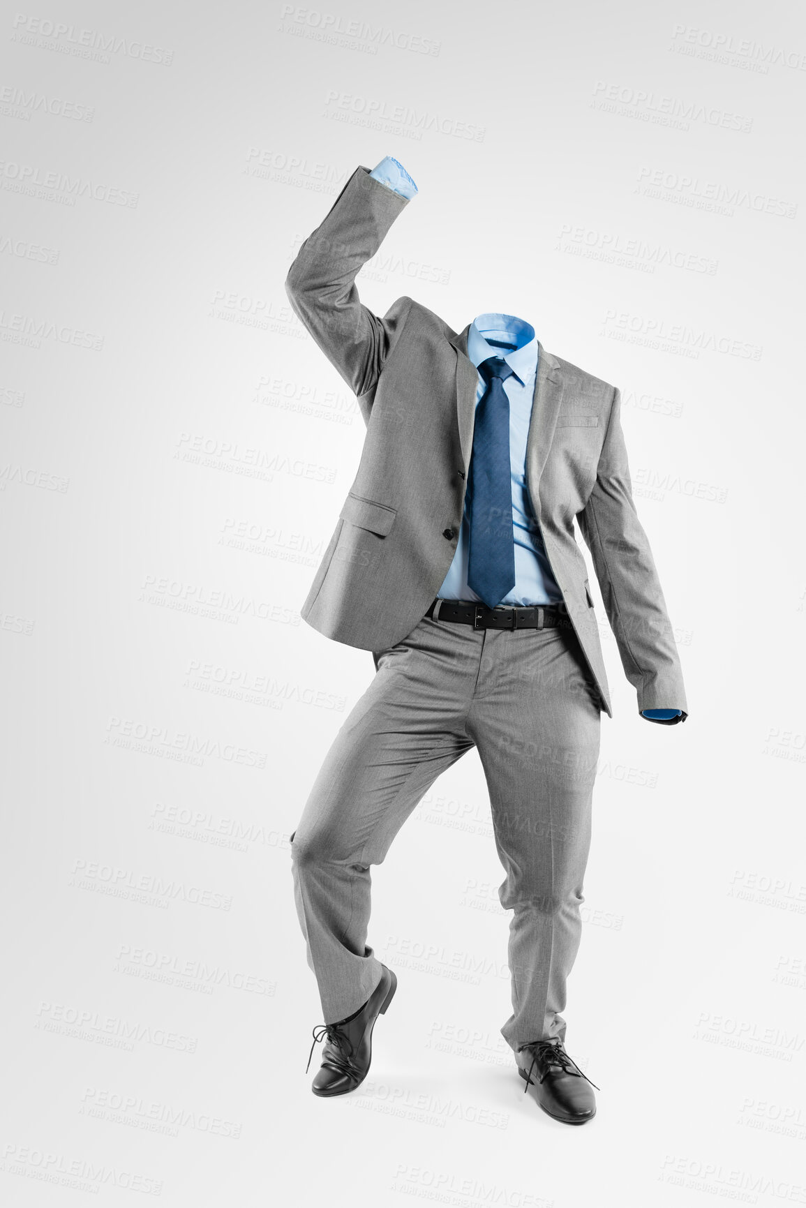 Buy stock photo Businessman, invisible and dance with fashion for celebration in studio on a white background. Man, employee or transparent human dancing with suit, outfit or business attire for victory or winning