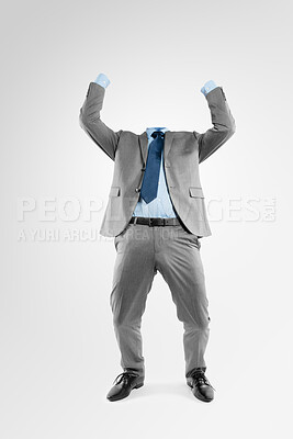 Buy stock photo Businessman, invisible and winning with fashion for celebration in studio on a white background. Man, employee or transparent human with body language in suit, outfit or business attire for winner