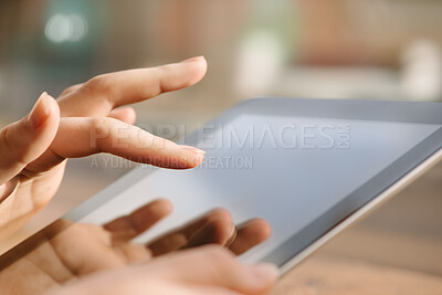 Buy stock photo Woman, hands and working on tablet, screen and technology for typing online in a cafe with app, network or social media. Hand, touchscreen and reading news, blog or search on internet website