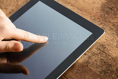 Buy stock photo Hand, woman and typing on tablet, screen and technology for working online in a cafe with app, network or social media. Hands, touchscreen and reading news, blog or search on internet website