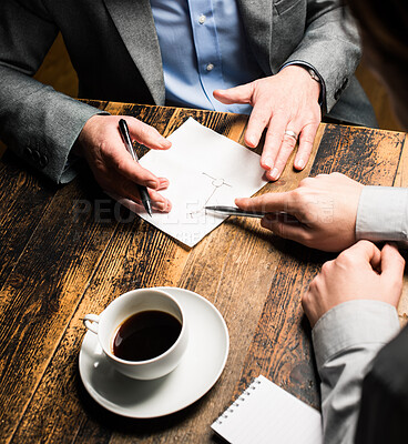 Buy stock photo Coffee, hands and business people in cafe with notes, ideas and planning solution together at table. Brainstorming, collaboration and partnership in restaurant with teamwork, mindmap and strategy