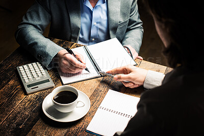 Buy stock photo Coffee, budget and business people in cafe with notes, calculator and planning solution together at table. Brainstorming, collaboration and partnership in restaurant with teamwork, finance and advice