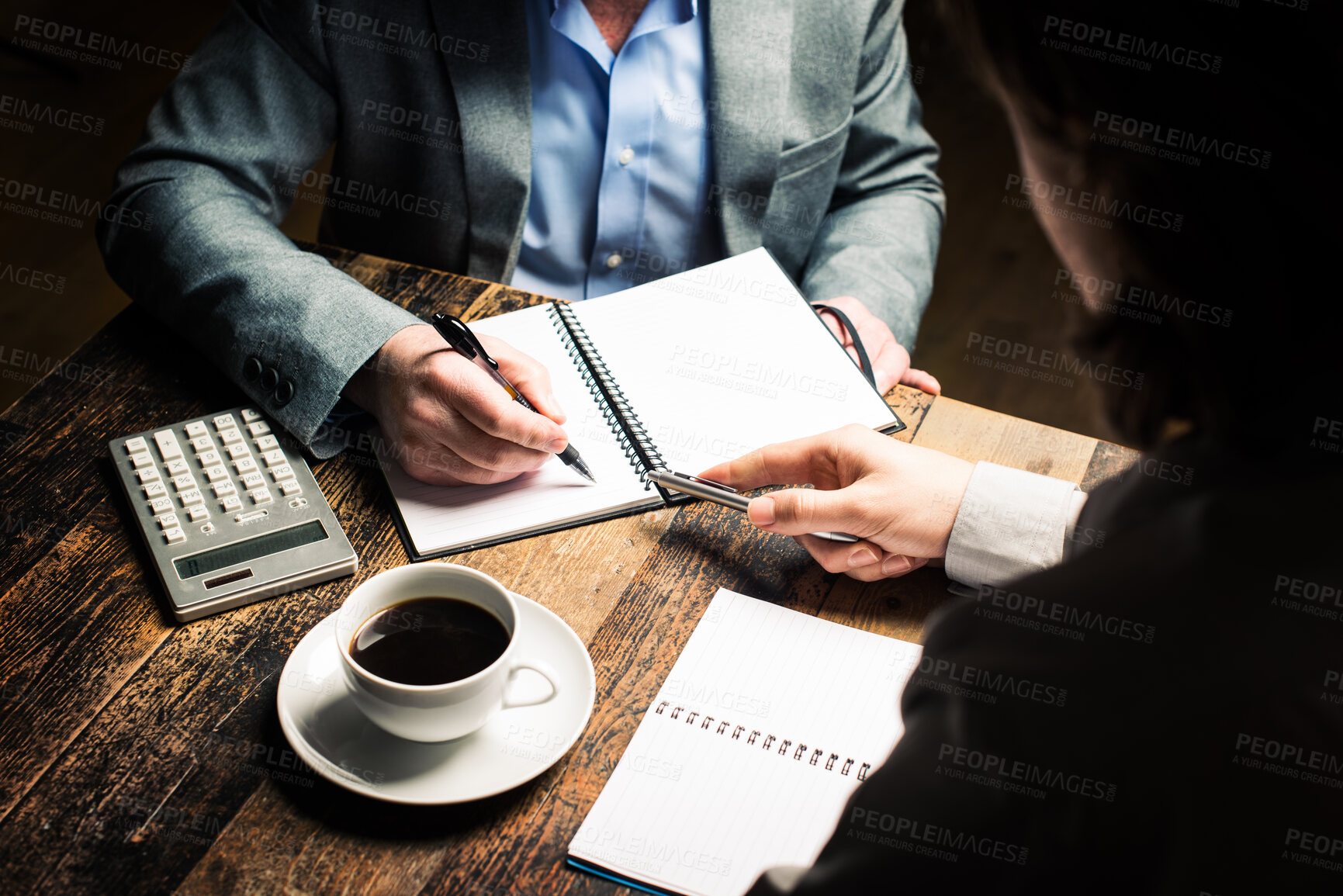 Buy stock photo Coffee, budget and business people in cafe with notes, calculator and planning solution together at table. Brainstorming, collaboration and partnership in restaurant with teamwork, finance and advice