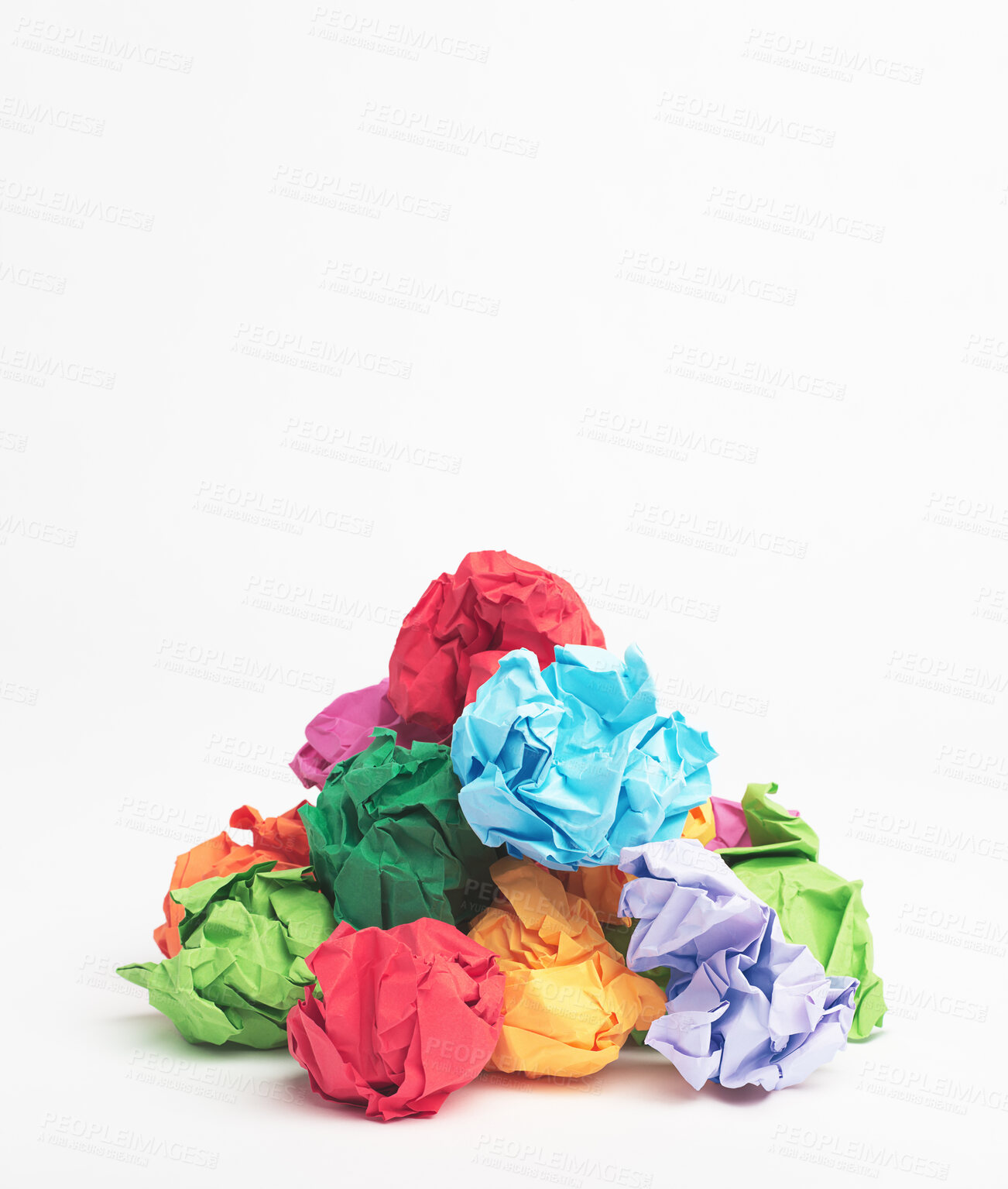 Buy stock photo Colorful, paper or trash with recycle material for dirt, disposal or pile of garbage on a white studio background. Closeup, junk and crumpled sheets or wrapping with rubbish or crumbled waste