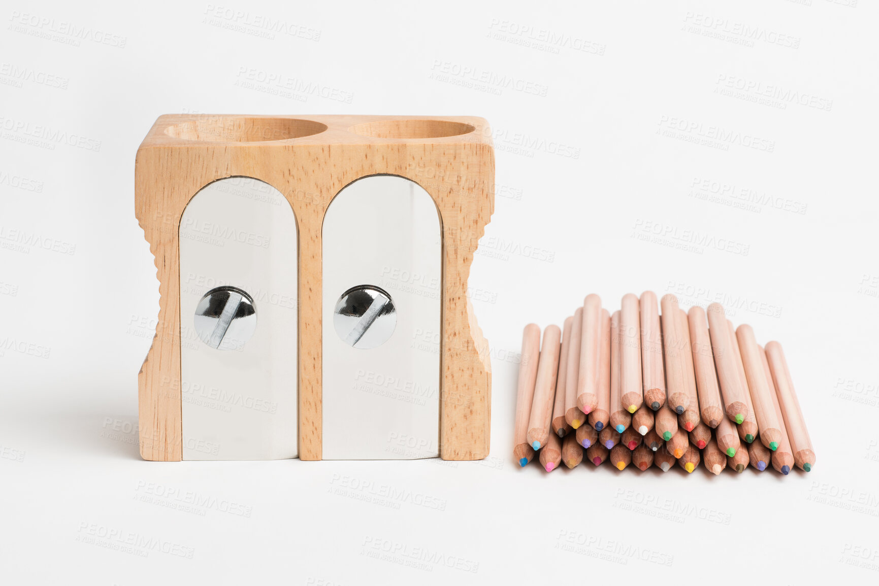 Buy stock photo Wooden, sharpener and pencils with stationary in studio for material, art or craft on a white background. Closeup, equipment or pile of wood crayons, lead or sharp objects for drawing or creativity