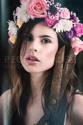 Buy stock photo Flower, crown and portrait of woman with beauty, confidence and tools for organic floral gardening. Roses, shears and face of girl with natural cosmetics, makeup and healthy skincare in nature