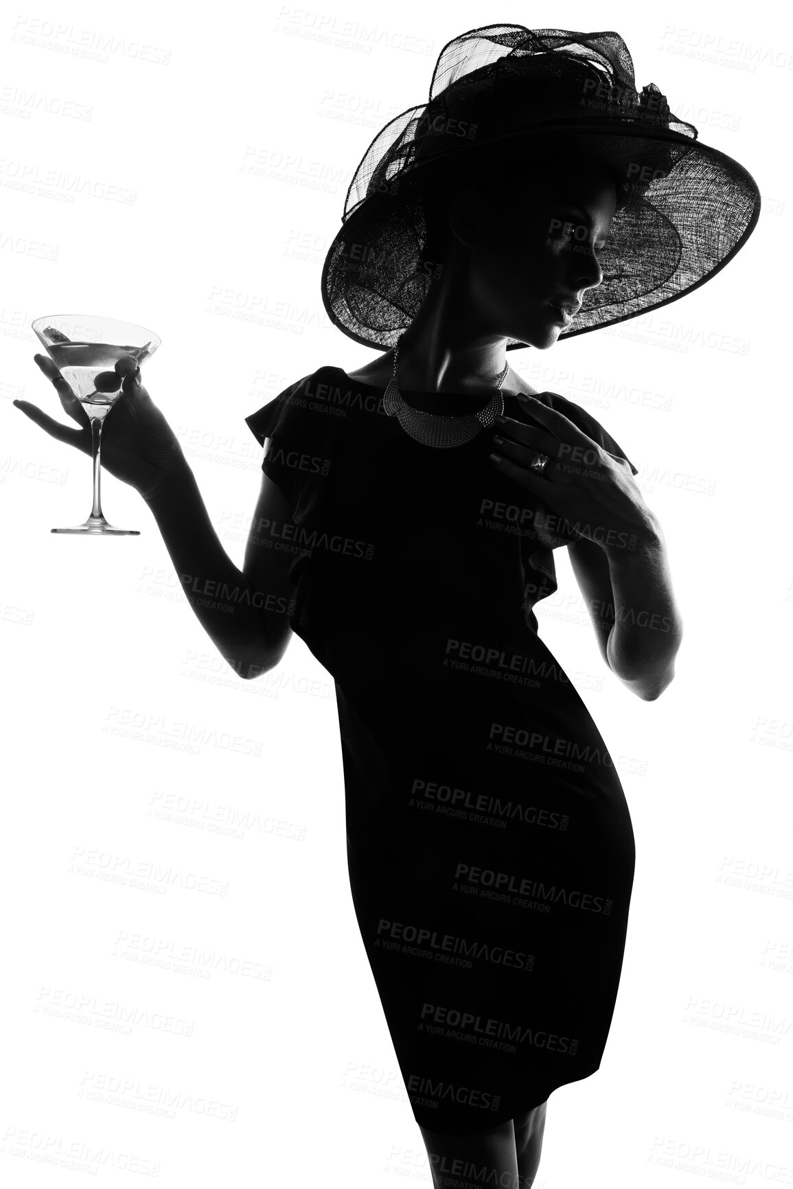 Buy stock photo Woman, silhouette and fashion with cocktail in studio for style, art or black dress by white background. Person, model and thinking with martini glass, drink or alcohol with vintage hat for event