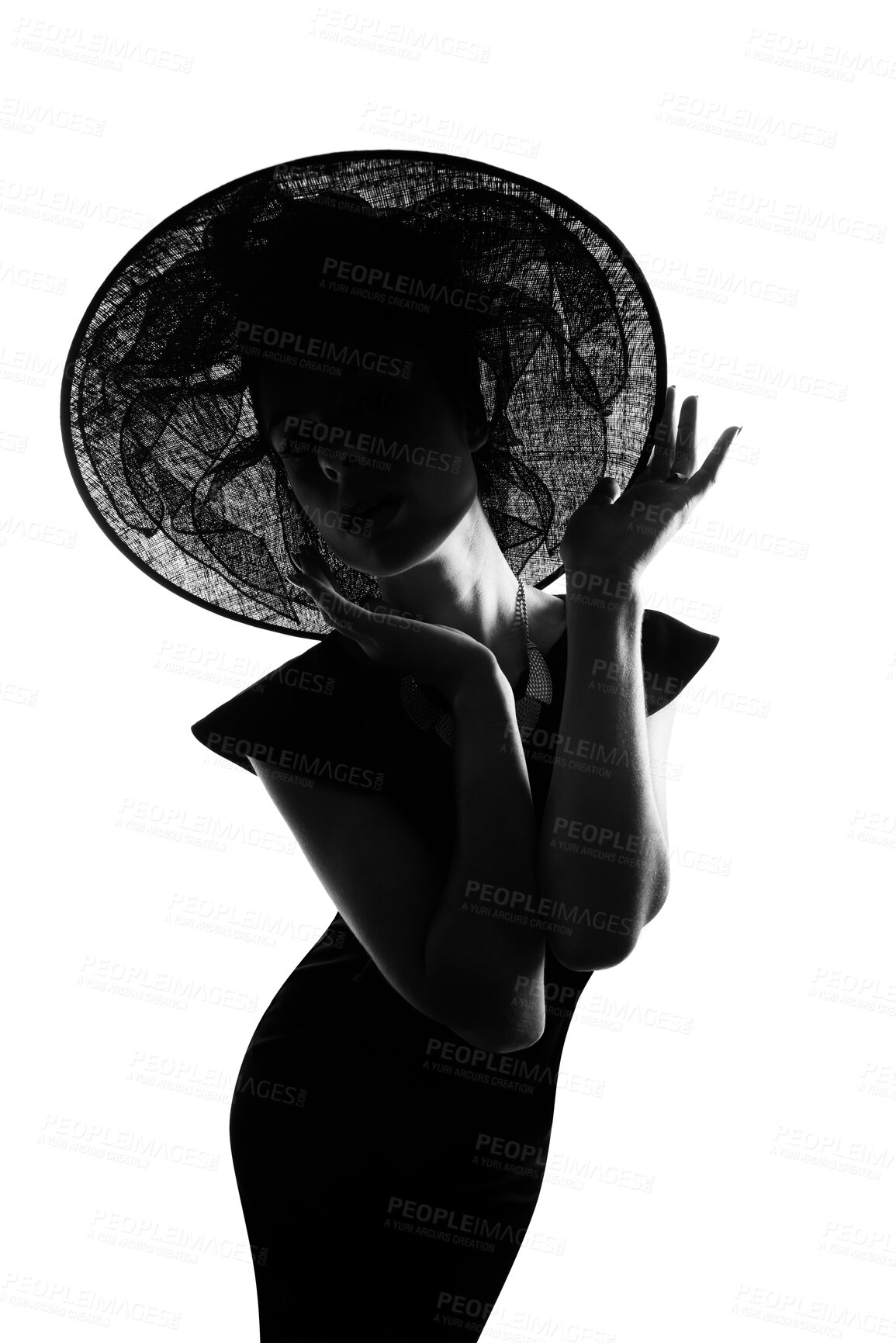 Buy stock photo Woman, silhouette and fashion with hat in studio for style, art and black dress by white background. Person, model and shadow with vintage aesthetic for event, party and celebration with mystery