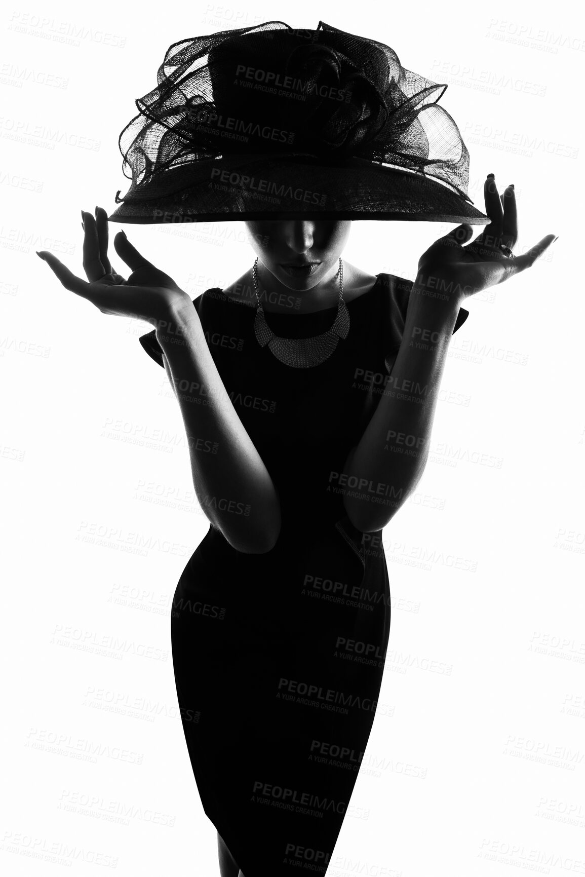 Buy stock photo Woman, silhouette and style with hat in studio for fashion, art and black dress by white background. Person, model and shadow with vintage clothes for event, party and celebration with mystery