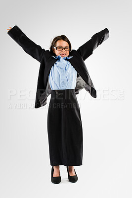 Buy stock photo Studio, portrait and child in business clothes for dress up, growth or development in future career. Smile, costume and excited girl in pretend office fashion for professional job on white background