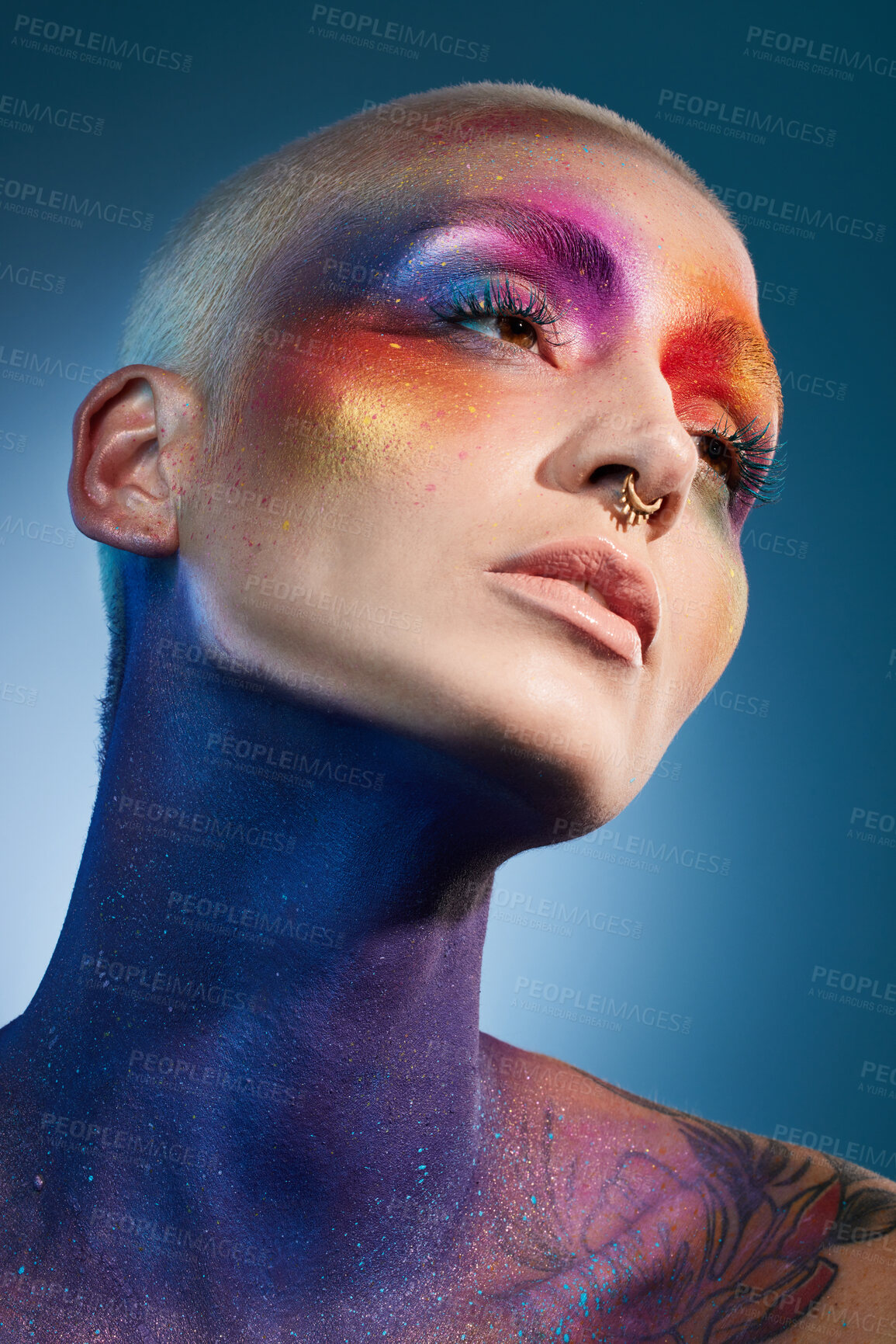Buy stock photo Eyeshadow, thinking and paint with woman in studio for art deco, color splash or creative aesthetic. Glitter, reflection or cosmetics with female person on background for beauty and abstract makeup