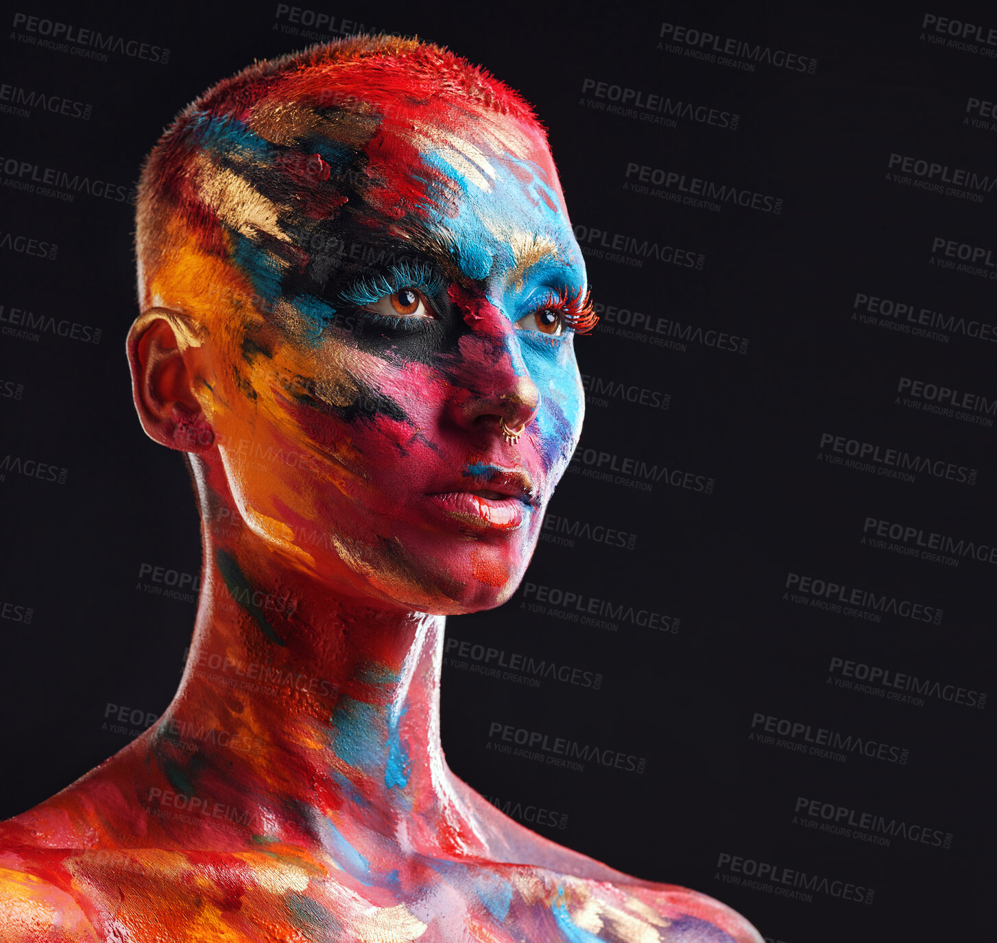 Buy stock photo Creative, woman and face paint with beauty in studio for self expression, bold texture or mockup. Thinking, person and artistic makeup on black background for abstract design, body art and aesthetic