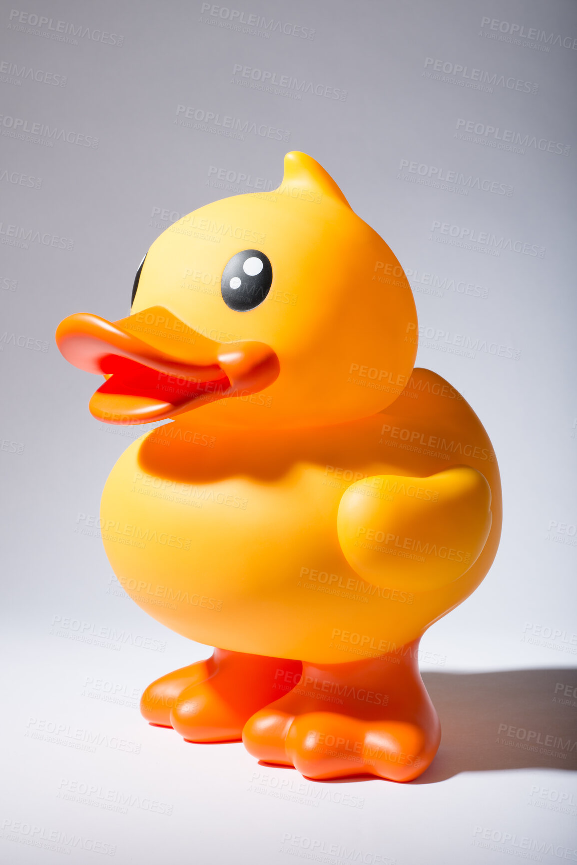 Buy stock photo Rubber, duck and toy in studio for bath, playing and children entertainment with fun squeaky sound. Plastic bird, object and white background for kids, pool and water with childhood games or activity