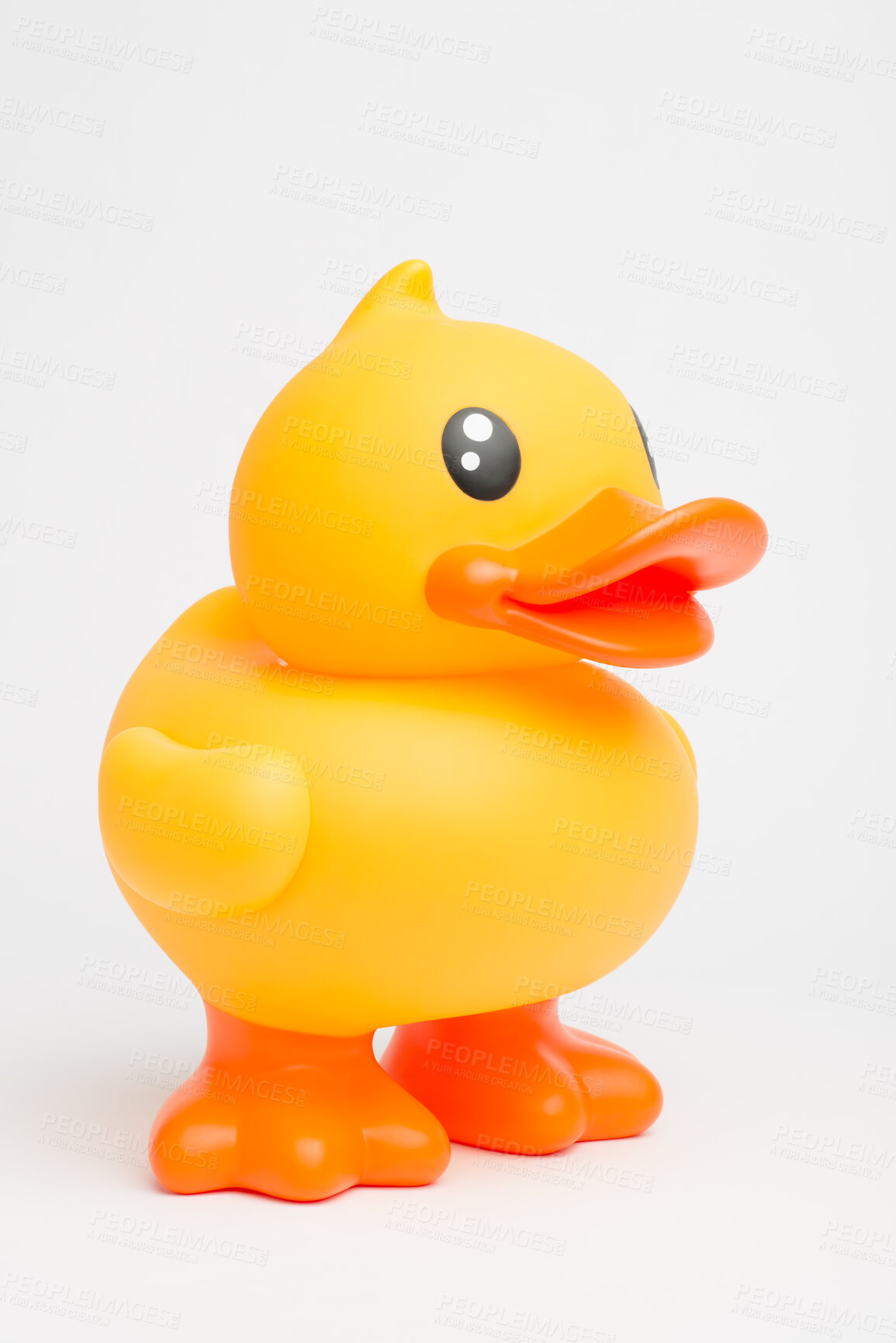 Buy stock photo Rubber, duck and toy in studio for bath, water and children entertainment with fun squeaky sound. Plastic bird, object and white background for kids, pool and playing with childhood games or activity