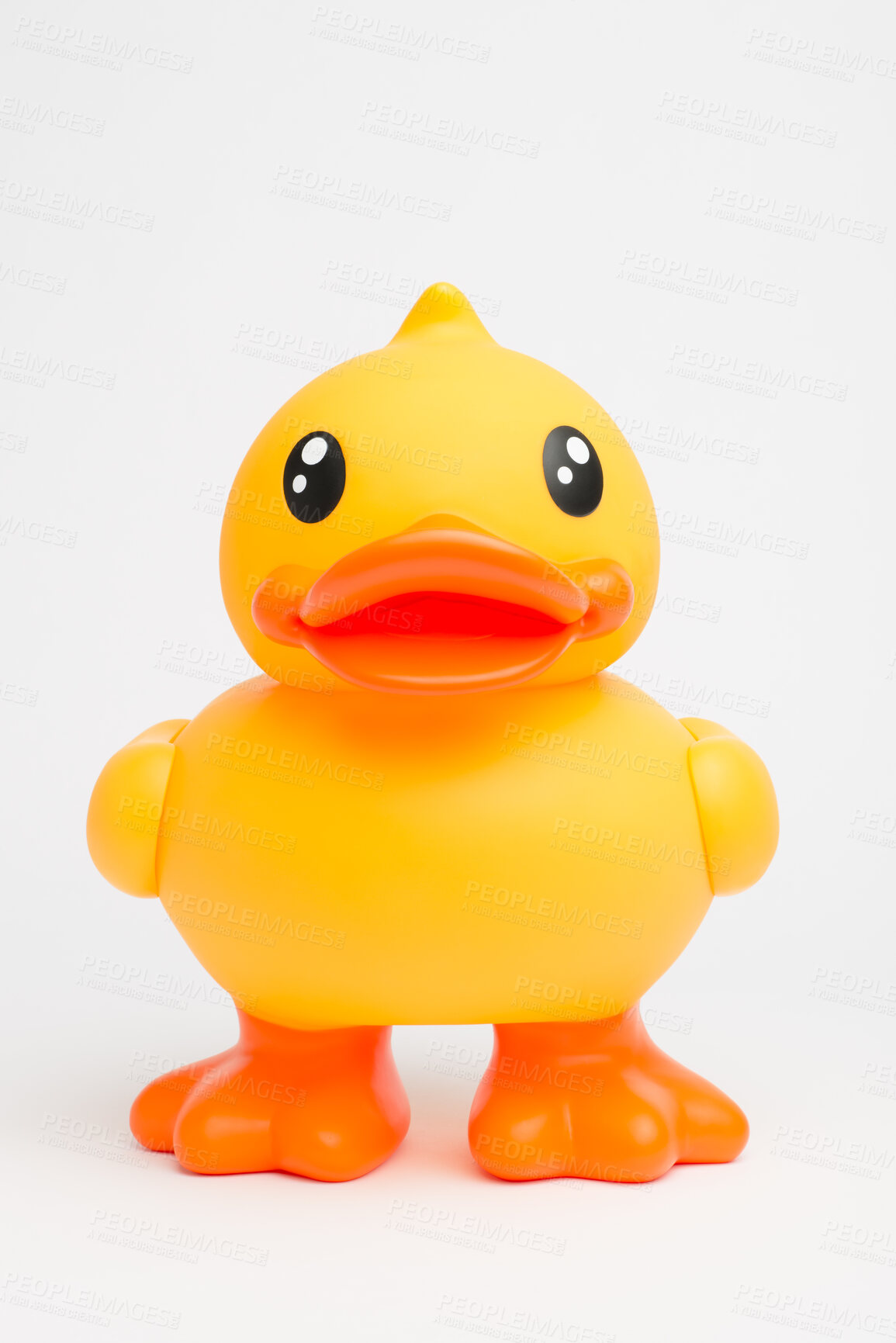 Buy stock photo Rubber, duck and object in studio for bath, playing and children entertainment with fun squeaky sound. Plastic bird, toy and white background for kids, pool and water with childhood games or activity