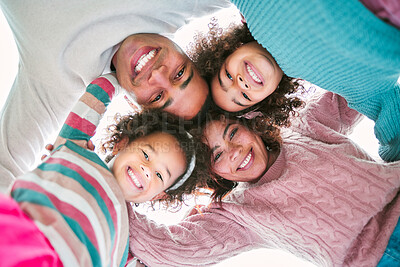 Buy stock photo Low angle, huddle and family with love, portrait and bonding together with smile, care and support. Insurance cover, parents and mother with father, embrace and daughters with happiness and children