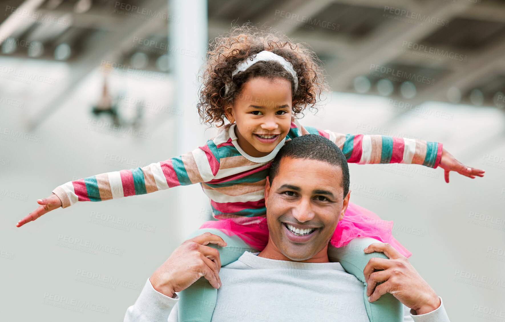 Buy stock photo Father, girl and plane on shoulders in portrait with smile, play or connection for love outdoor on holiday. Man, dad and kid for piggy back on vacation, games or flight with happy family in Colombia