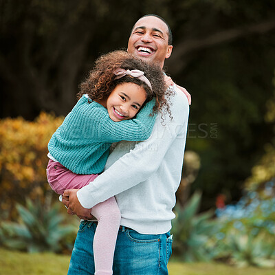 Buy stock photo Girl, dad and hug in park for portrait with smile, love and outdoor together on vacation in summer. Man, father and daughter child with embrace, carry and care on lawn, nature and trees in Colombia