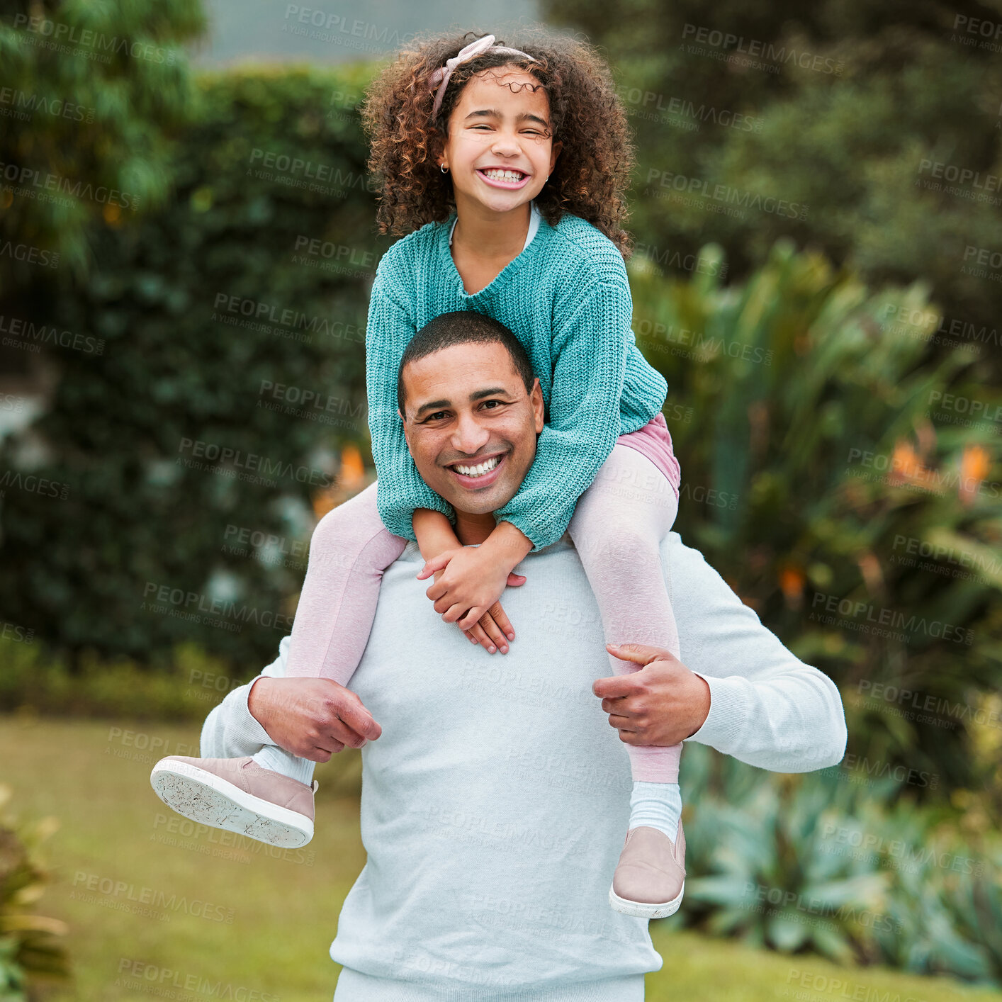 Buy stock photo Happy, shoulders and portrait of dad with girl for playing, bonding and adventure in backyard. Childhood, family and father with child for piggy back with laugh, cheerful and joy outdoors to relax