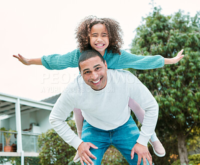 Buy stock photo Father, girl and airplane with portrait in garden, playful and connection with love in home backyard. Man, dad and kid for piggy back on excited, games and flight with happy family in Colombia